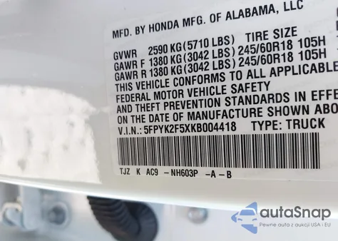 2019 Honda Ridgeline Rtl z USA, uszkodzony, nr VIN 5FPYK2F5XKB004418